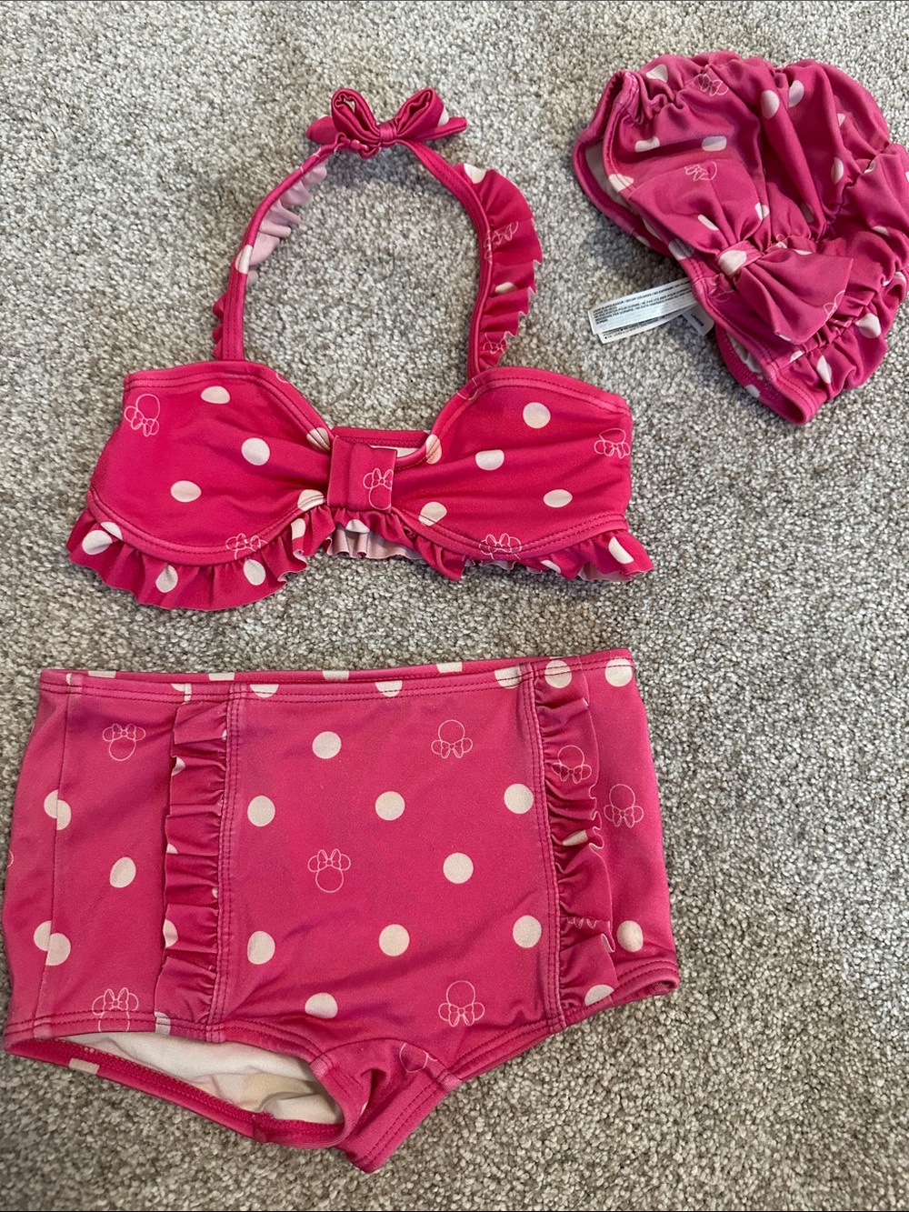 Janie and Jack Hot Pink Polka Dot Ruffle Bikini with Swim Cap